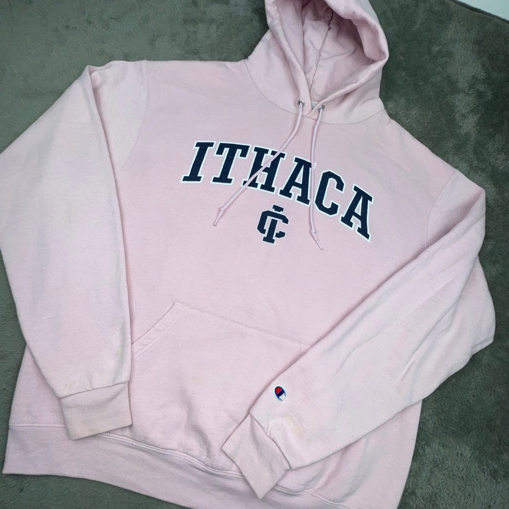 Champion Ithaca College Hoodie Women Large Pink Good Pullover Graphic CS2071
